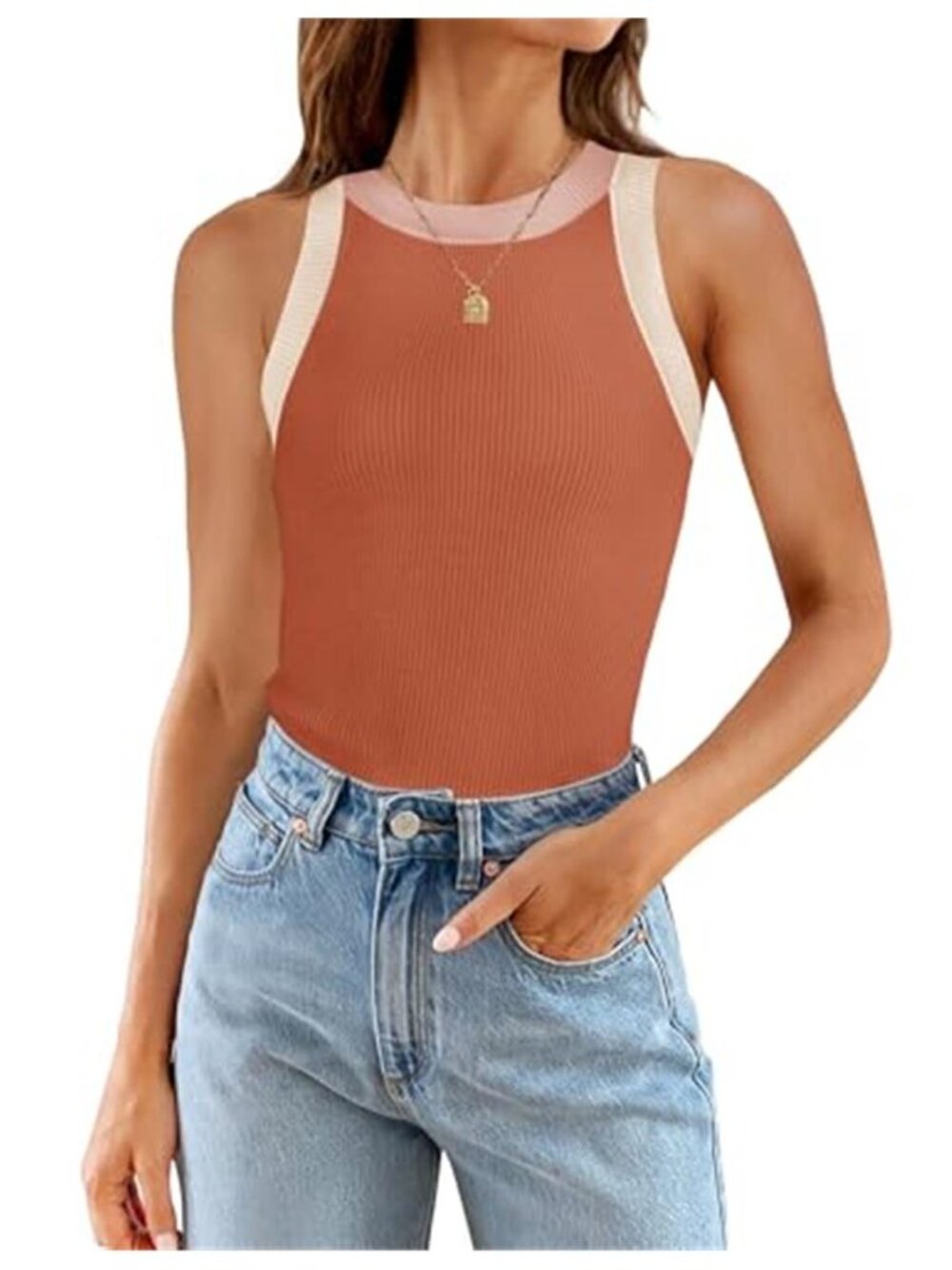 Ribbed High Neck Racerback Tank Top Sleeveless Slim Fit Color Block Coral